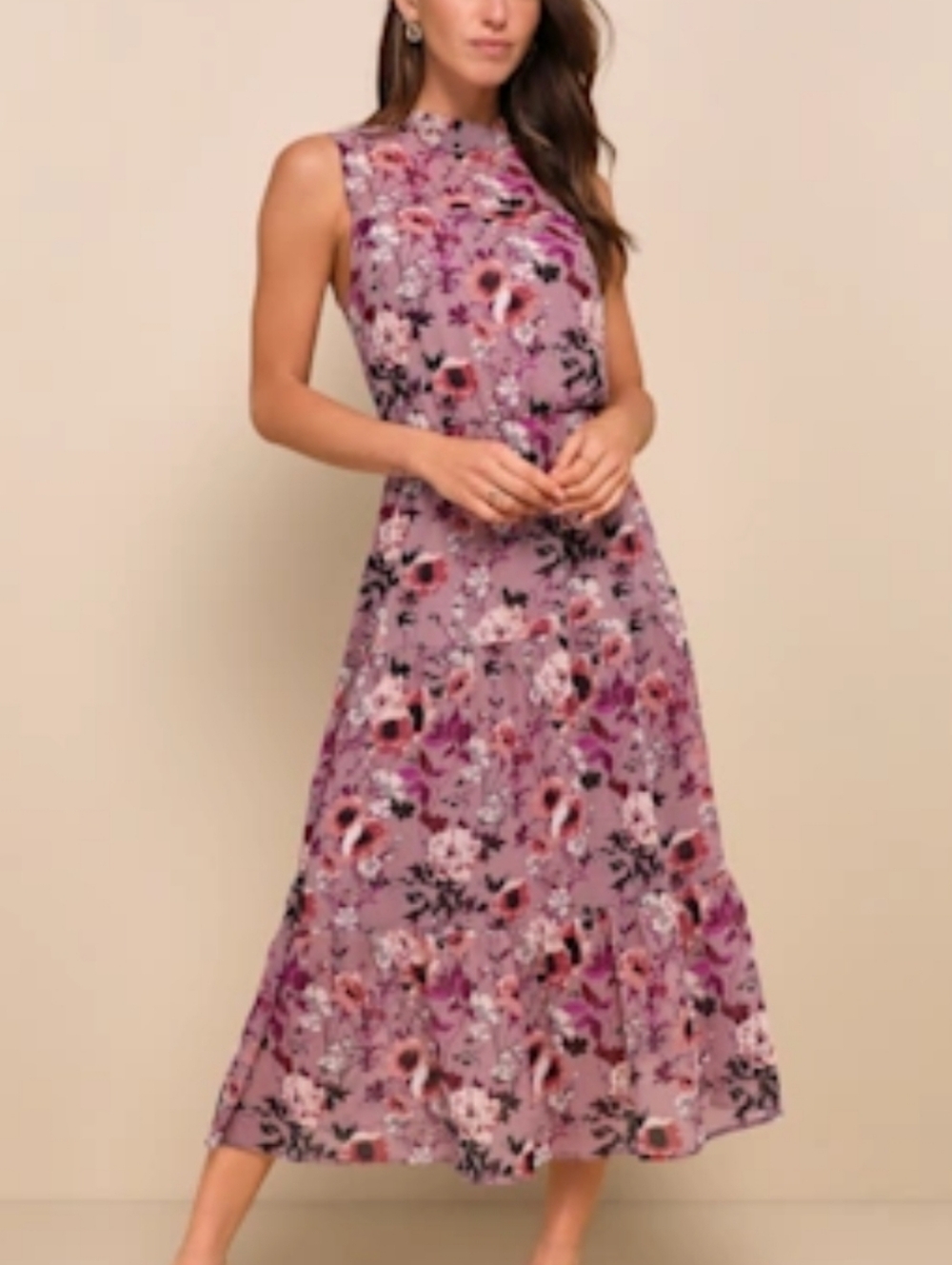 Lulu's In My Dreams Floral Print Sleeveless Midi Dress Mauve Sheer Overlay Flowy